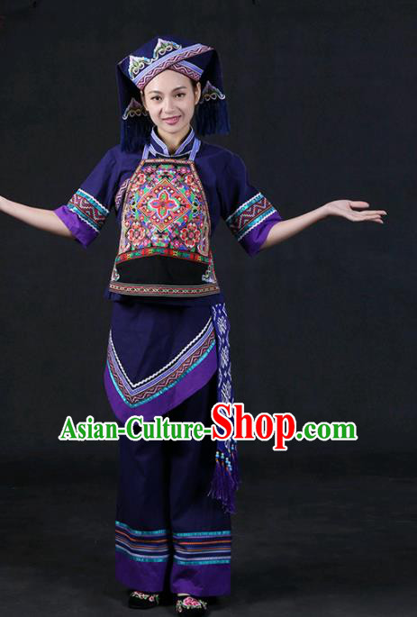 Chinese Traditional Zhuang Nationality Stage Show Purple Outfits Ethnic Minority Folk Dance Costume for Women