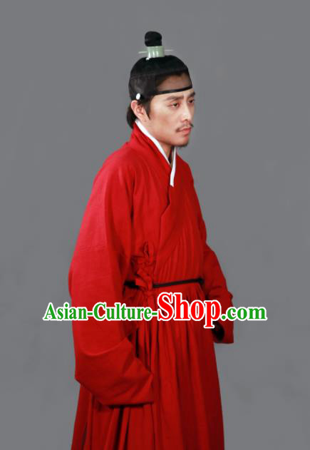 Traditional Chinese Ming Dynasty Taoist Priest Red Robe Ancient Swordsman Costumes for Men