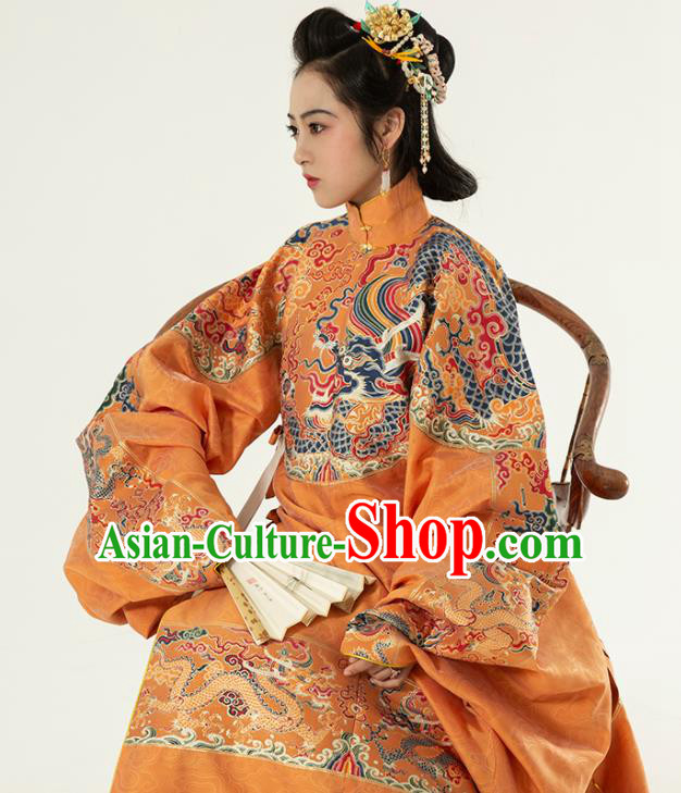 Traditional Chinese Ming Dynasty Empress Golden Embroidered Dress Ancient Royal Queen Costumes for Women