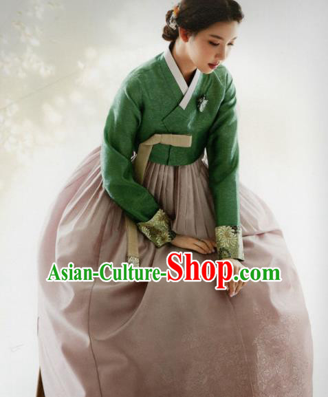 Korean Traditional Hanbok Mother Green Blouse and Cameo Brown Dress Outfits Asian Korea Fashion Costume for Women