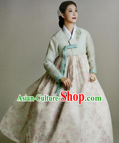 Korean Traditional Hanbok Princess Embroidered Green Blouse and Printing Dress Outfits Asian Korea Fashion Costume for Women