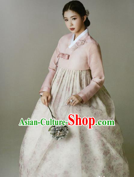 Korean Traditional Hanbok Princess Embroidered Pink Blouse and Printing Dress Outfits Asian Korea Fashion Costume for Women