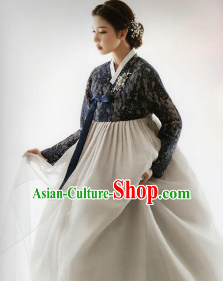 Korean Traditional Hanbok Princess Navy Lace Blouse and Grey Dress Outfits Asian Korea Fashion Costume for Women