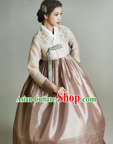 Korean Traditional Hanbok Princess Beige Blouse and Pink Satin Dress Outfits Asian Korea Fashion Costume for Women
