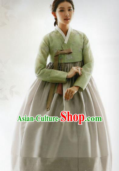 Korean Traditional Hanbok Princess Green Blouse and Grey Satin Dress Outfits Asian Korea Fashion Costume for Women