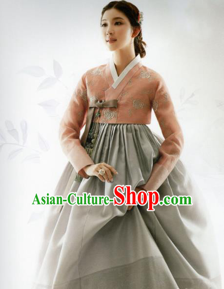 Korean Traditional Hanbok Princess Orange Blouse and Grey Satin Dress Outfits Asian Korea Fashion Costume for Women