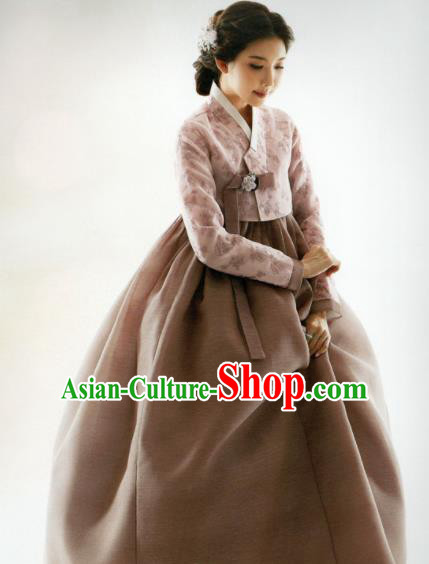 Korean Traditional Hanbok Mother Pink Blouse and Brown Satin Dress Outfits Asian Korea Fashion Costume for Women