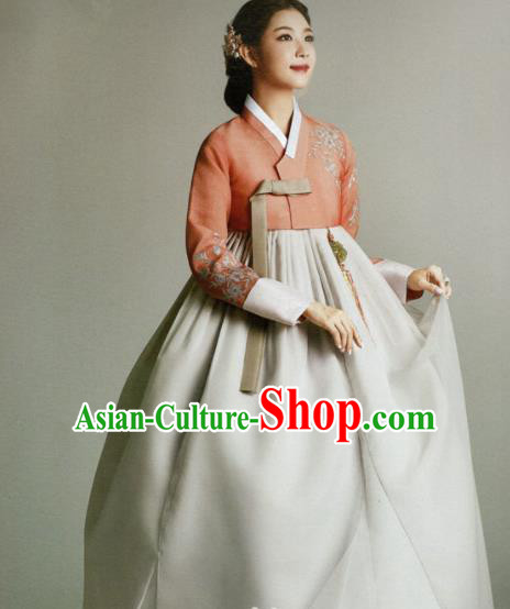 Korean Traditional Hanbok Mother Orange Blouse and Beige Satin Dress Outfits Asian Korea Fashion Costume for Women
