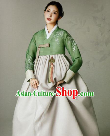 Korean Traditional Hanbok Mother Green Blouse and Beige Satin Dress Outfits Asian Korea Fashion Costume for Women