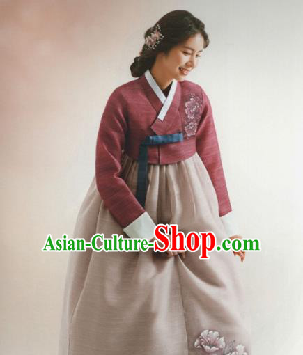 Korean Traditional Hanbok Wedding Mother Purplish Red Blouse and Grey Dress Outfits Asian Korea Fashion Costume for Women