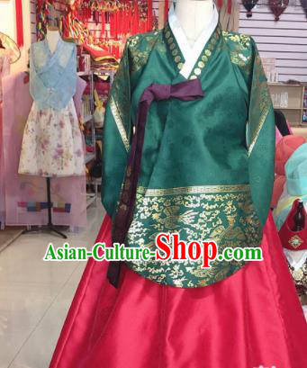 Korean Traditional Hanbok Court Mother Green Tang Blouse and Red Satin Dress Outfits Asian Korea Fashion Costume for Women