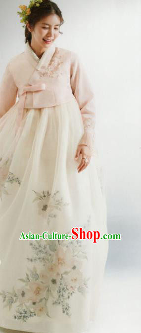 Korean Traditional Hanbok Wedding Bride Pink Blouse and Printing White Dress Outfits Asian Korea Fashion Costume for Women