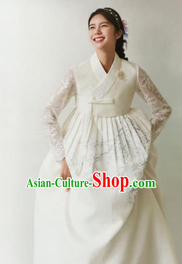 Korean Traditional Hanbok Wedding Bride Blouse and Printing White Dress Outfits Asian Korea Fashion Costume for Women