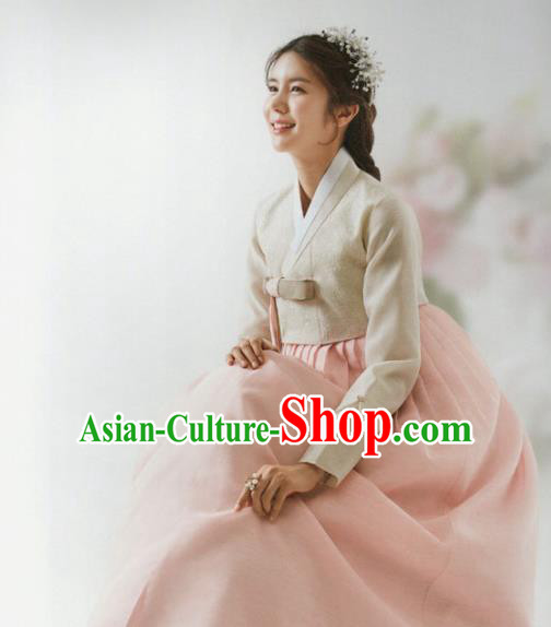 Korean Traditional Hanbok Wedding Bride Beige Blouse and Pink Dress Outfits Asian Korea Fashion Costume for Women