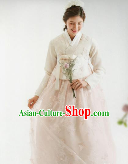 Korean Traditional Hanbok Wedding Bride Beige Blouse and Pink Veil Dress Outfits Asian Korea Fashion Costume for Women
