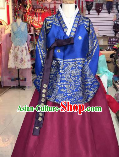 Korean Traditional Hanbok Court Mother Royalblue Tang Blouse and Wine Red Satin Dress Outfits Asian Korea Fashion Costume for Women