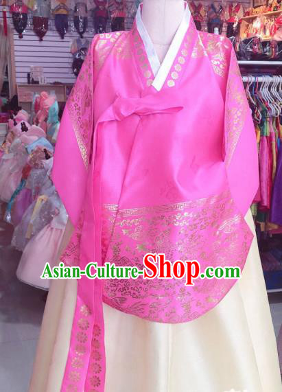 Korean Traditional Hanbok Court Mother Rosy Tang Blouse and Beige Satin Dress Outfits Asian Korea Fashion Costume for Women