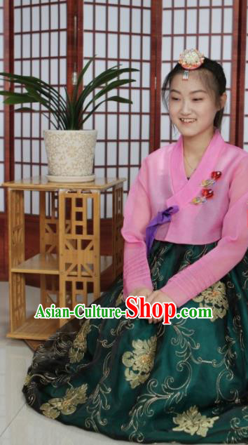 Korean Traditional Hanbok Bride Pink Blouse and Green Dress Outfits Asian Korea Wedding Fashion Costume for Women