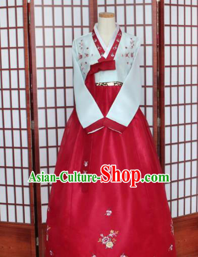 Korean Traditional Hanbok Light Blue Blouse and Red Dress Outfits Asian Korea Wedding Fashion Costume for Women