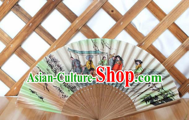 Korean Traditional Wood Folding Fan Asian Korea Folk Printing Boat Paper Fans for Women