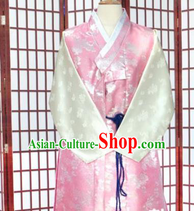 Korean Traditional Pink Satin Shirt and Grey Pants Hanbok Asian Korea Bridegroom Fashion Costume for Men