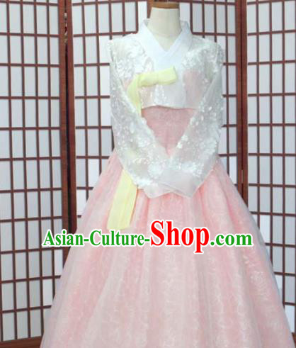 Korean Traditional Hanbok Court White Veil Blouse and Pink Dress Outfits Asian Korea Fashion Costume for Women