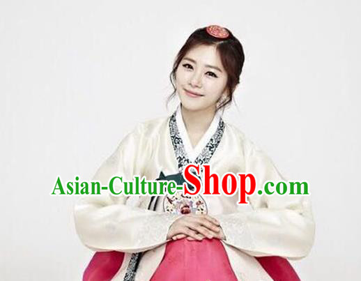 Korean Traditional Garment Hanbok Beige Blouse and Rosy Dress Outfits Asian Korea Fashion Costume for Women