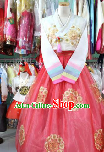 Korean Traditional Bride Garment Hanbok Embroidered White Blouse and Pink Dress Outfits Asian Korea Fashion Costume for Women