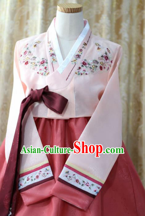 Korean Traditional Bride Garment Hanbok Embroidered Pink Blouse and Red Dress Outfits Asian Korea Fashion Costume for Women