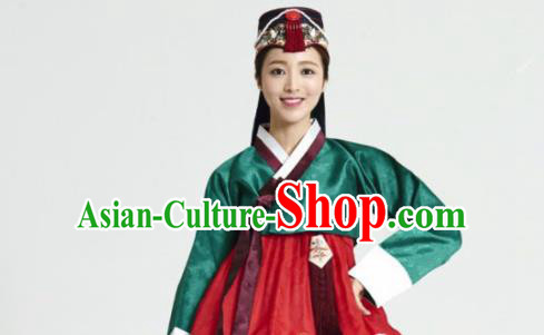 Korean Traditional Bride Garment Hanbok Green Satin Blouse and Red Dress Outfits Asian Korea Fashion Costume for Women