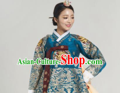 Korean Traditional Bride Garment Hanbok Blue Satin Blouse and Yellow Dress Outfits Asian Korea Fashion Costume for Women