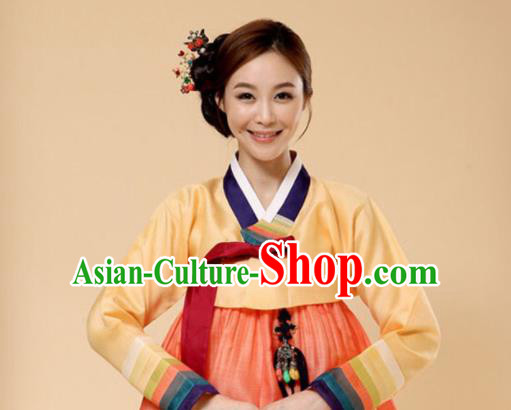 Korean Traditional Bride Garment Hanbok Yellow Blouse and Orange Dress Outfits Asian Korea Fashion Costume for Women