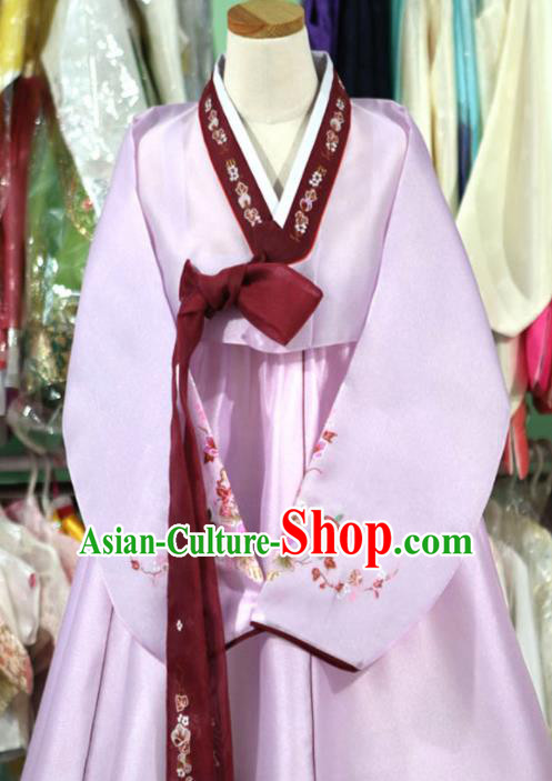 Korean Traditional Bride Garment Hanbok Embroidered Lilac Blouse and Pink Dress Outfits Asian Korea Fashion Costume for Women