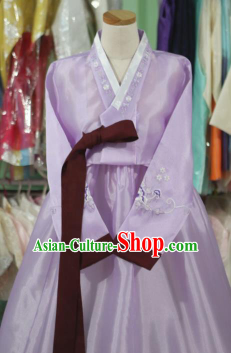 Korean Traditional Bride Garment Hanbok Embroidered Light Purple Blouse and Dress Outfits Asian Korea Fashion Costume for Women