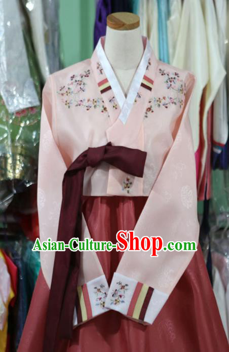 Korean Traditional Bride Garment Hanbok Embroidered Pink Blouse and Dark Red Dress Outfits Asian Korea Fashion Costume for Women