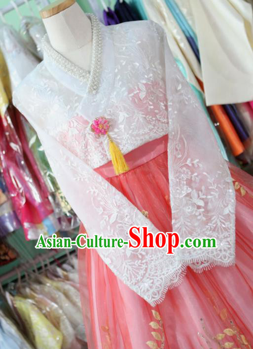 Korean Traditional Garment Bride Hanbok White Lace Blouse and Pink Dress Outfits Asian Korea Fashion Costume for Women