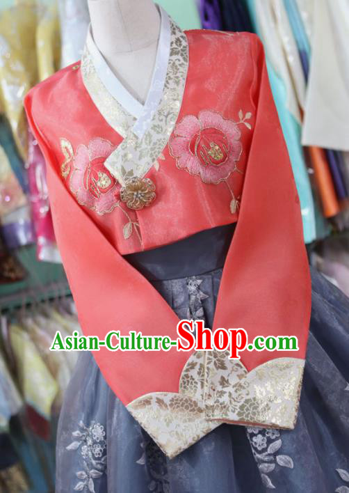 Korean Traditional Garment Bride Hanbok Red Blouse and Navy Dress Outfits Asian Korea Fashion Costume for Women