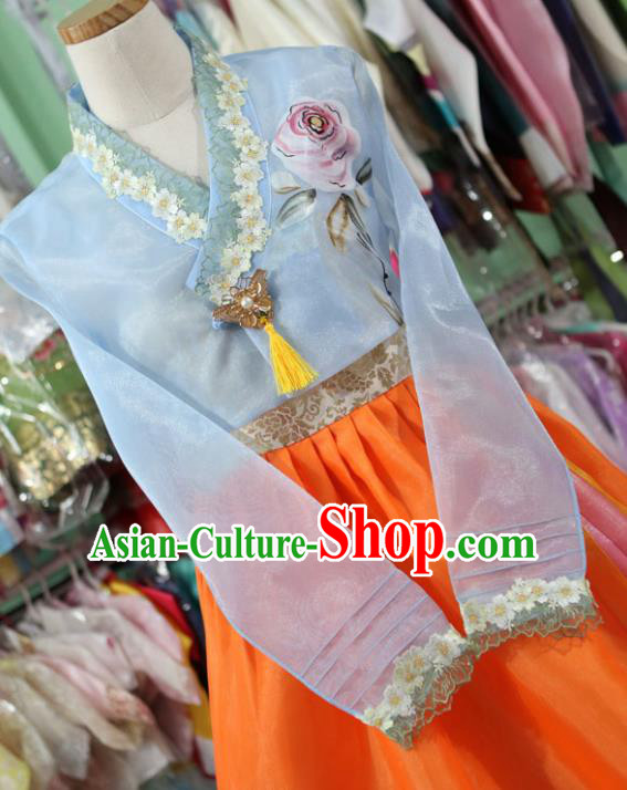 Korean Traditional Garment Bride Hanbok Printing Rose Blue Blouse and Orange Dress Outfits Asian Korea Fashion Costume for Women