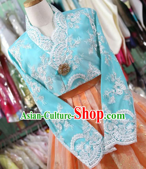 Korean Traditional Garment Bride Hanbok Embroidered Blue Blouse and Orange Dress Outfits Asian Korea Fashion Costume for Women