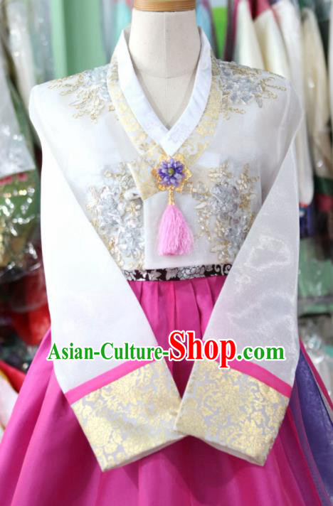 Korean Traditional Garment Bride Mother Hanbok Embroidered White Blouse and Rosy Dress Outfits Asian Korea Fashion Costume for Women