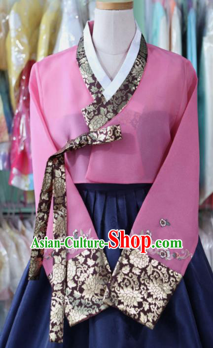 Korean Traditional Garment Bride Mother Hanbok Embroidered Purple Blouse and Navy Dress Outfits Asian Korea Fashion Costume for Women