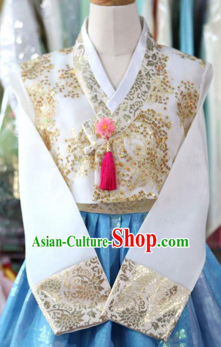 Korean Traditional Garment Bride Mother Hanbok White Blouse and Blue Dress Outfits Asian Korea Fashion Costume for Women