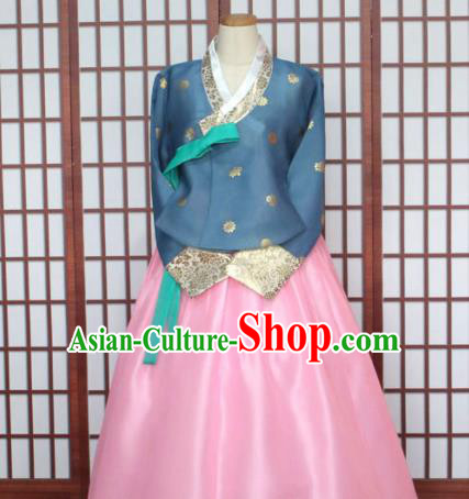 Korean Traditional Hanbok Blue Blouse and Pink Dress Outfits Asian Korea Fashion Costume for Women