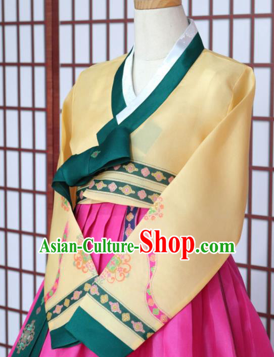 Korean Traditional Hanbok Yellow Blouse and Rosy Dress Outfits Asian Korea Fashion Costume for Women