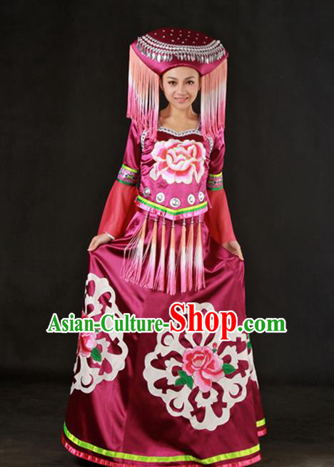 Chinese Traditional Zhuang Nationality Wine Red Dress Ethnic Minority Folk Dance Stage Show Costume for Women