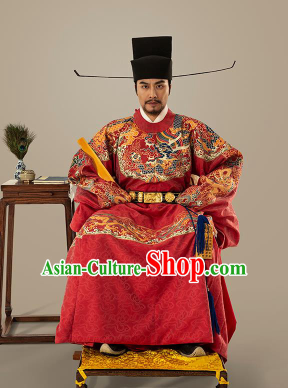 Traditional Chinese Ming Dynasty Emperor Red Embroidered Dress Ancient Royal King Costumes for Men