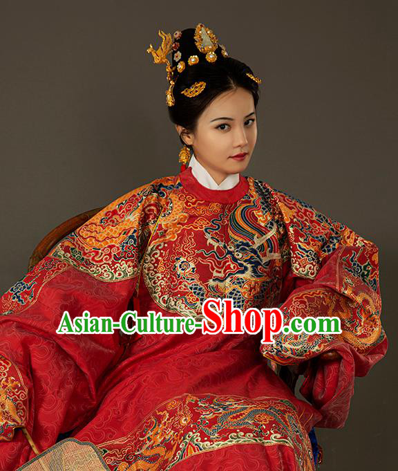 Traditional Chinese Ming Dynasty Royal Queen Red Embroidered Dress Ancient Court Empress Costumes for Women