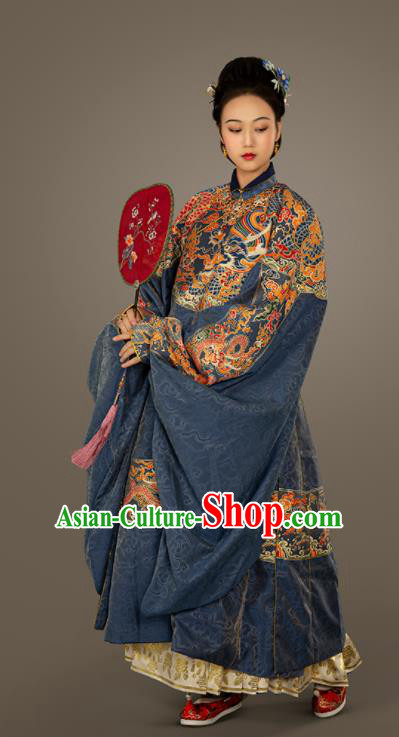 Traditional Chinese Ming Dynasty Court Countess Blue Embroidered Dress Ancient Royal Queen Costumes for Women