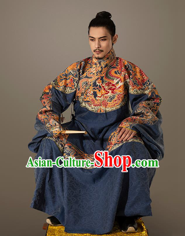 Traditional Chinese Ming Dynasty Royal Highness Blue Embroidered Robe Ancient King Costumes for Men