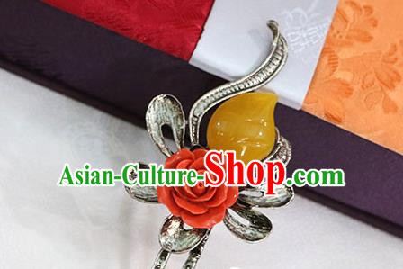 Korean Traditional Wedding Bride Rose Yellow Gem Hairpins Asian Korea Hanbok Hair Accessories for Women